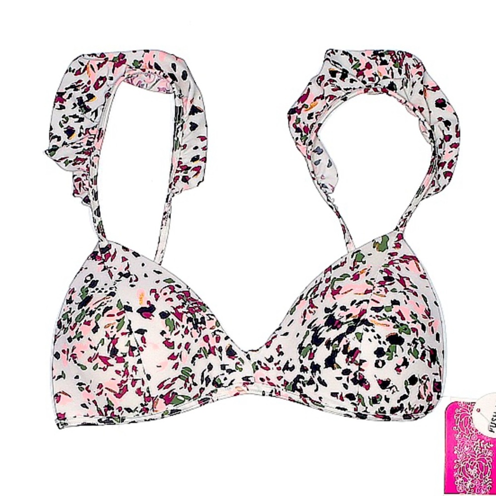 HULA HONEY Push-Up Bikini Top White Pink Large Ruffle Shoulder NWT